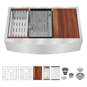 33 in. Low Divider Farmhouse Apron Double Bowl 18 Gauge Stainless Steel Workstation Kitchen Sink with Cutting board