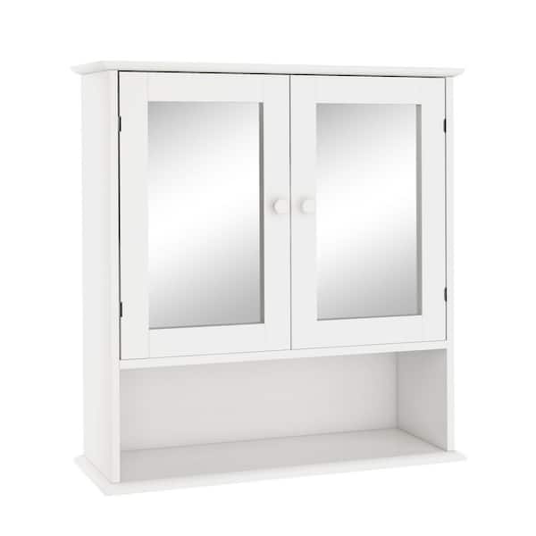 22 in. W x 23 in. H Rectangular Frameless Wall Mount Bathroom Vanity Mirror with Double Door Adjustable Shelf in White
