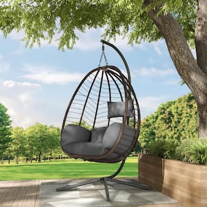 Outdoor Indoor Wicker Egg Swing Chair with Stand 350 lbs. Capacity Strong Frame Gray Cushions, Patio, Balcony, Bedroom