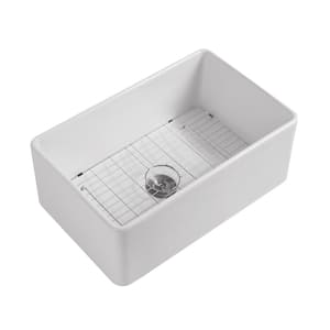 30 in. x 18 in. Drop-in/Undermount Single Bowl White Fireclay Kitchen Sink with Grid and Strainer