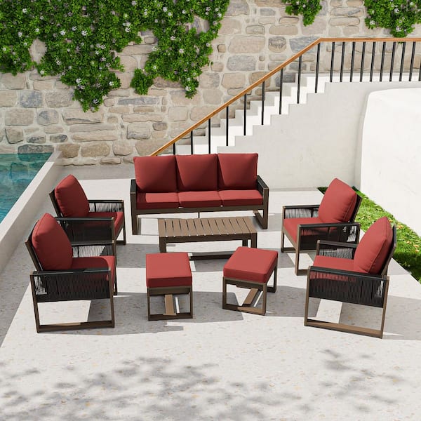 8-Piece Wood Outdoor Patio Conversation Set with Lounge Chairs, Outdoor Sofa Seating Set with Red Cushions