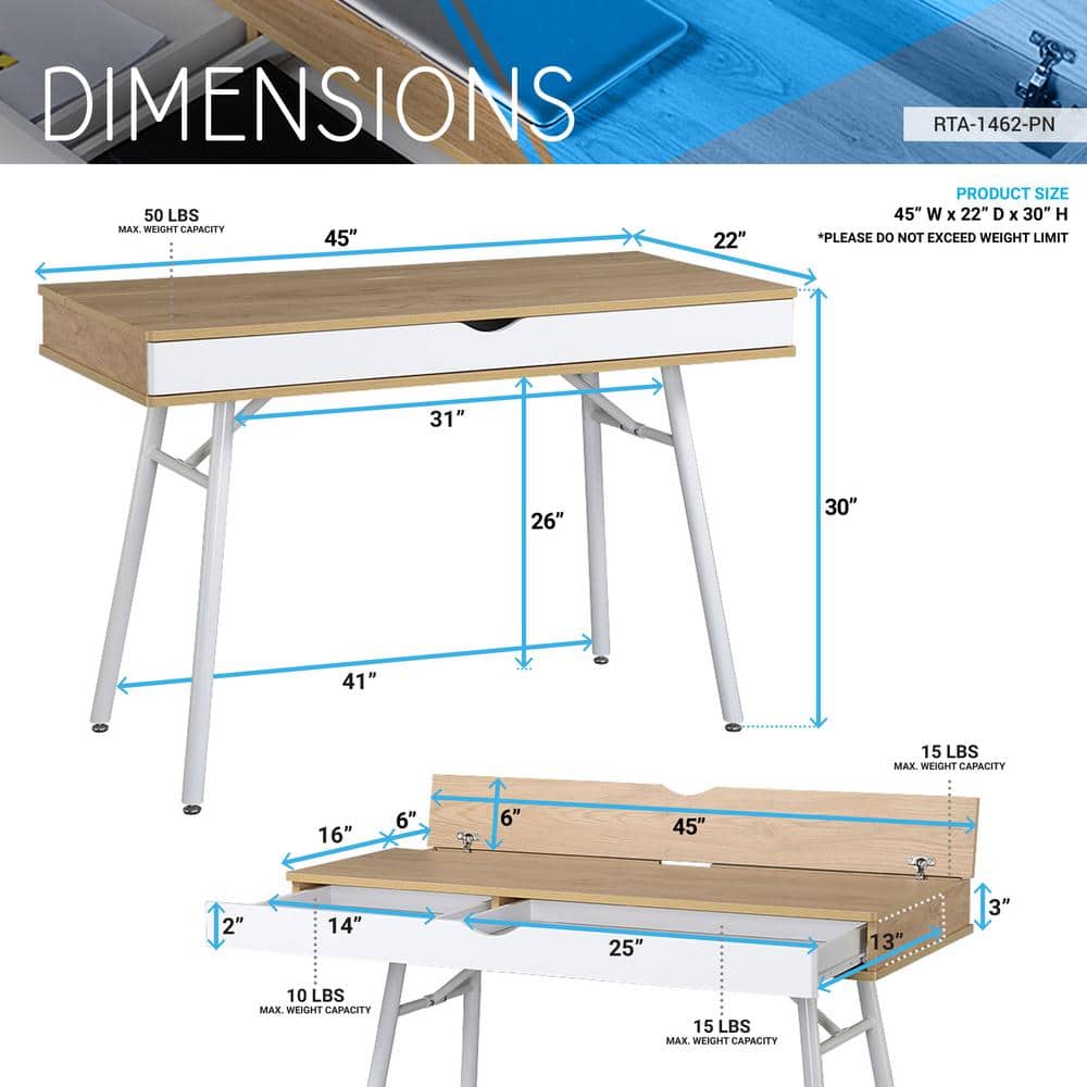 Pine and White Mid-Century Modern Desk with Multi-Storage