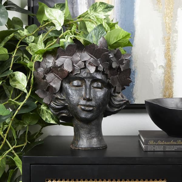 14 x 13 x 10 in. Medium Bronze Resin Woman Head Planter with Wide Opening and Butterfly Accents