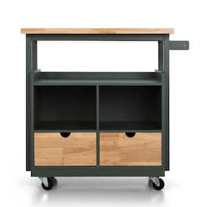 Green Rolling Utility Kitchen Cart Storage Cabinet With Natural Wood Top & Wheels