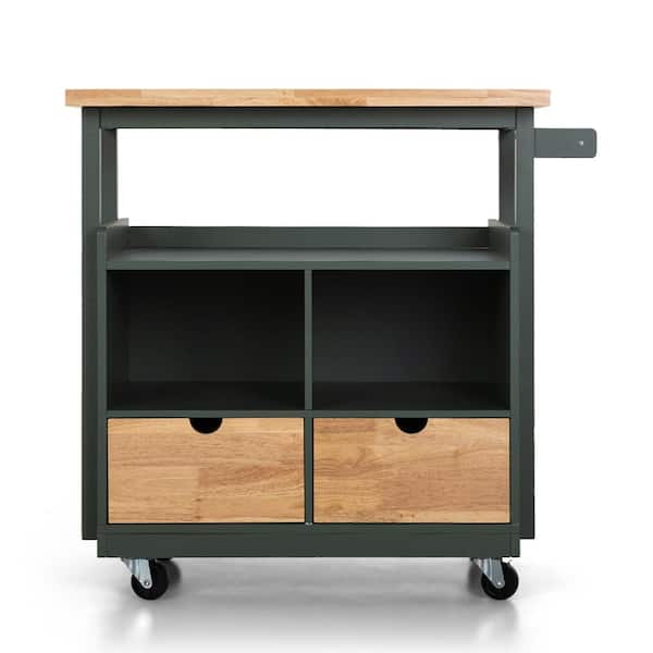 Green Rolling Utility Kitchen Cart Storage Cabinet With Natural Wood Top & Wheels
