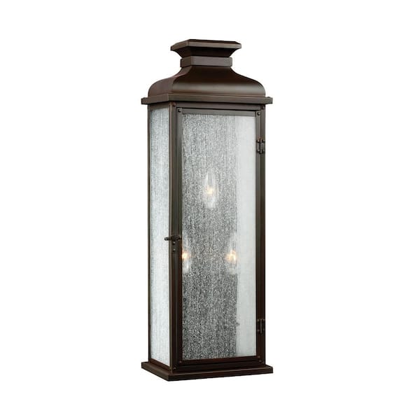 Generation Lighting Pediment 8 in. W 3-Light Dark Aged Copper Outdoor 23.875 in. Wall Lantern Sconce with Clear Seeded Glass