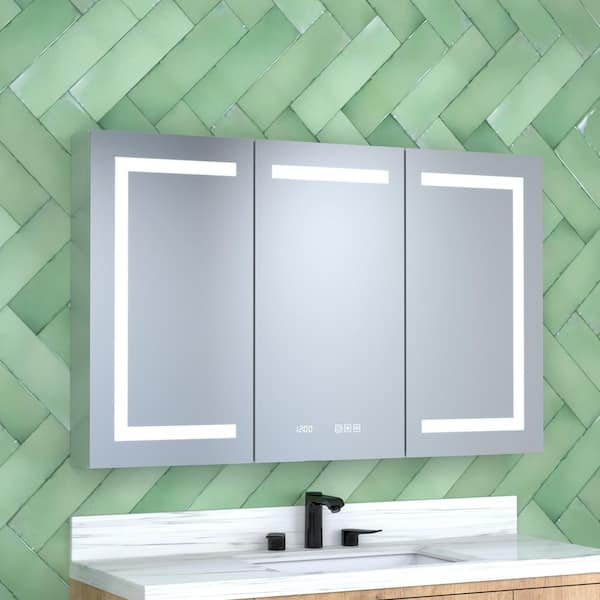 60 in. W x 30 in. H Surface Mount/Rectangular Silver Aluminum Recessed Medicine Cabinet with Mirror LED and Clock