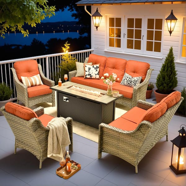 HOOOWOOO Cherry 5-Piece Wicker Outdoor Fire Pit Furniture Patio Conversation Sofa Set with a Loveseat and Red Cushions