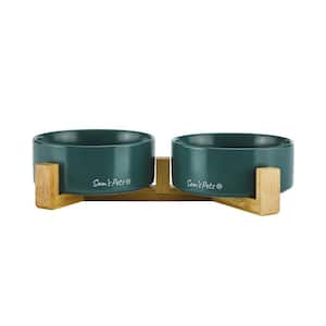 5.11 in. Coco Dual Pet Bowl with Wood Stand in Green