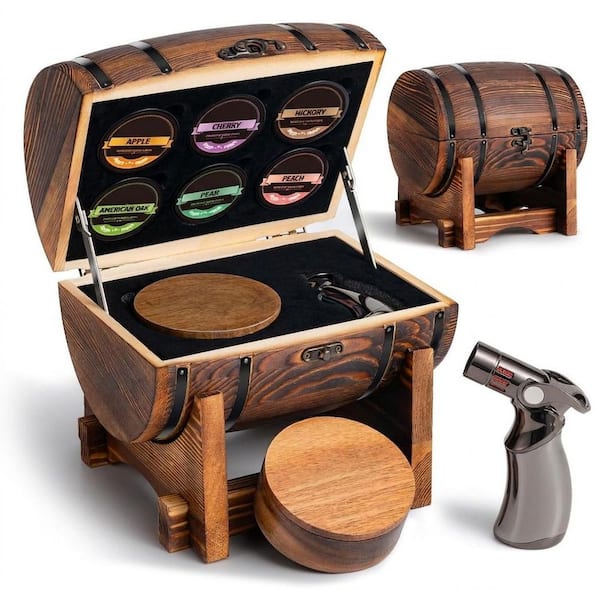 Kit Charred Wood Barrel Brown Wood Cocktail Smoker with Torch 6 Wood Chips Home Bar Gift for Men Dad