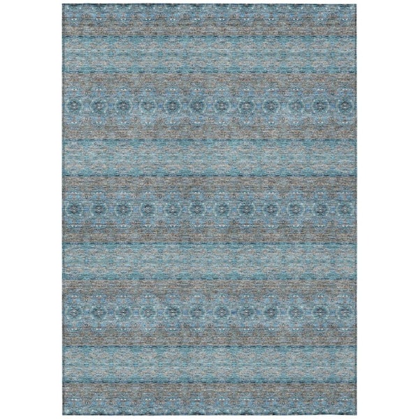 HomeRoots Teal Blue, Aqua, Gray 8 ft. x 10 ft.Woven Floral Medallion Polyester Rectangle Indoor/Outdoor Area Rug