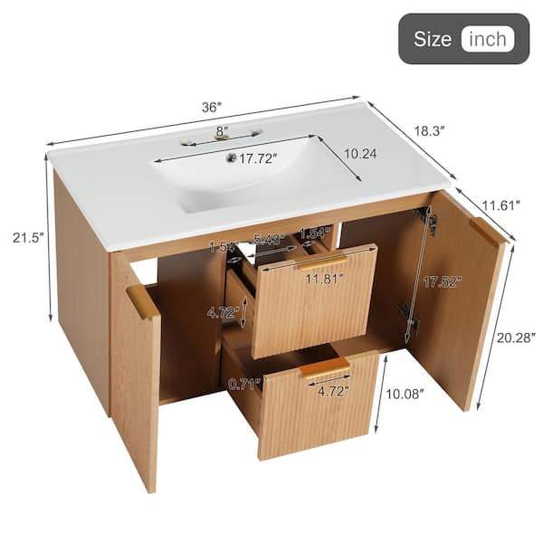 Ziyudura 36 in. Double Sink Floating Natural Wood Bath Vanity with