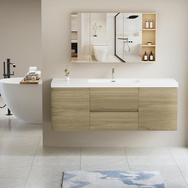 ANGELES HOME 60 in. W Floating Bathroom Vanity in Natural Oak with White Resin Top Basin, Soft Close Drawers
