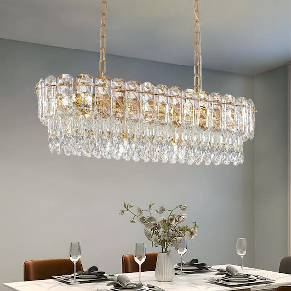 RICHARDERY 31.5 in. Modern 10-Light Brass Gold Crystal Chandelier Rectangle 3-Tiers Chandeliers for Kitchen Island Dining Room