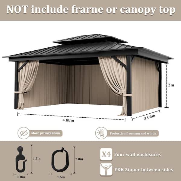12 ft. x 16 ft. Universal Outdoor Privacy Curtains, Gazebo Curtain Replacement with Zipper Khaki (4-Side Curtain Only)