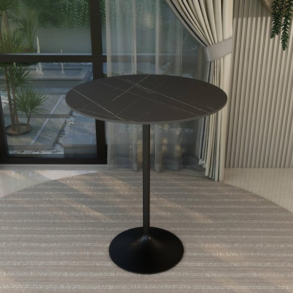 Leisuremod Round 36 in. Bar Height Dining Table with Sintered Stone Top and Black Steel Base Verve Series in Black Marbleized