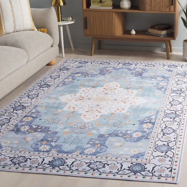 Tucson Aqua/Light Blue 3 ft. x 5 ft. Machine Washable Ornate Border Area Rug