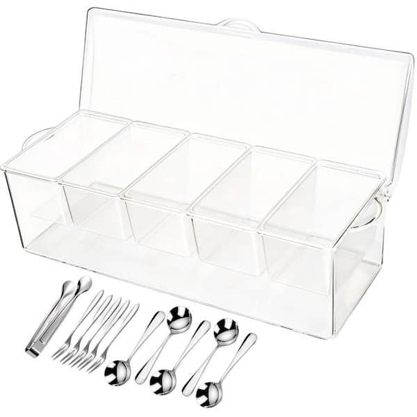 14.49 in. W x 4.92 in. H x 5.31 in. D Rectangular Clear Plastic Chilled Ice Condiment Garnish Server with Tray Utensils
