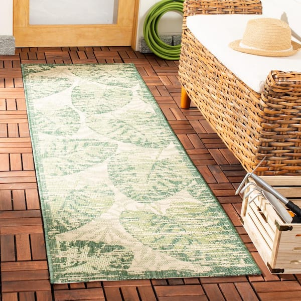 Courtyard Beige/Green 2 ft. x 7 ft. Floral Indoor/Outdoor Patio  Runner Rug
