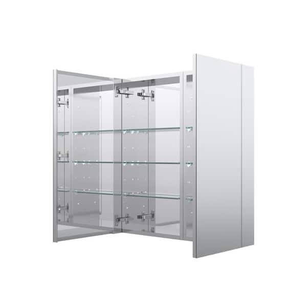28 in. W x 30 in. H Rectangular Medicine Cabinet with Mirror in Silver with Adjustable Shelves, Soft-Close, Right Open