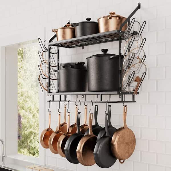 Matte Black 30 in. Wall Mount Rectangular Iron Pot Rack for Kitchen 2-Tier with 12 Hooks