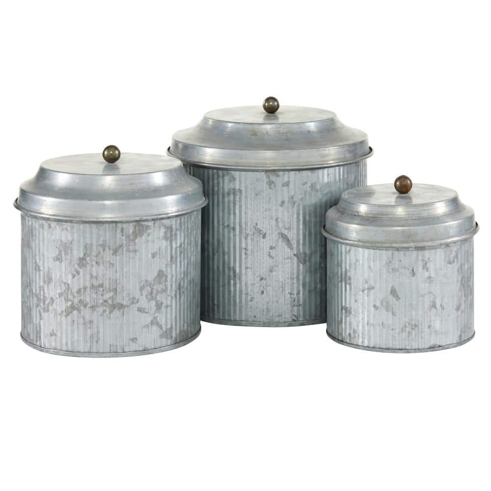 Set of 3 Silver Galvanized Iron Decorative Jars