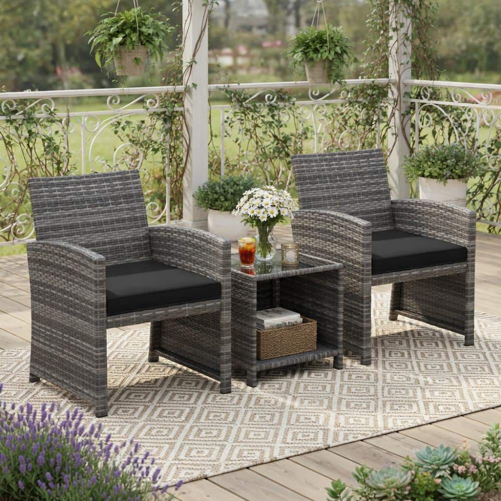 3-Piece Black PE Rattan Patio Set – Cushioned Sofas, Glass Table & Removable Black, Gray & White Cushions price history on PriceWatchPro