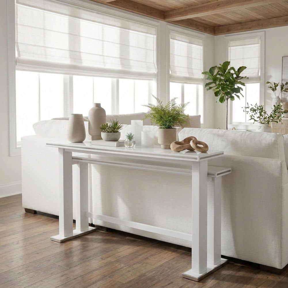 Amanda 72 in. White/Shiny Nickel Rectangle Wood Console Table with Trestle Base