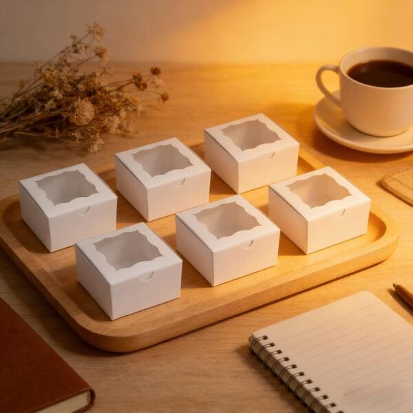 4 in. x 4 in. x 2.5 in. Paper Kraft Cardboard Cake Boxes with Window for Cupcakes, Donuts and Cookies, White (50-Pack)