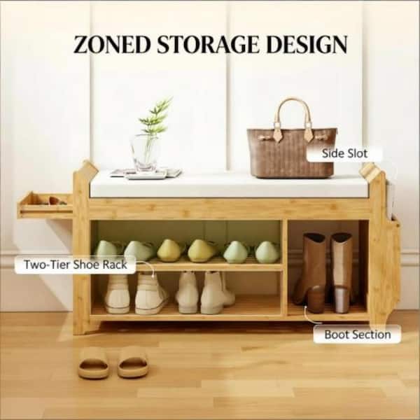 LUCKY ONE Entryway Storage Bench with Cushioned Seating, Natural