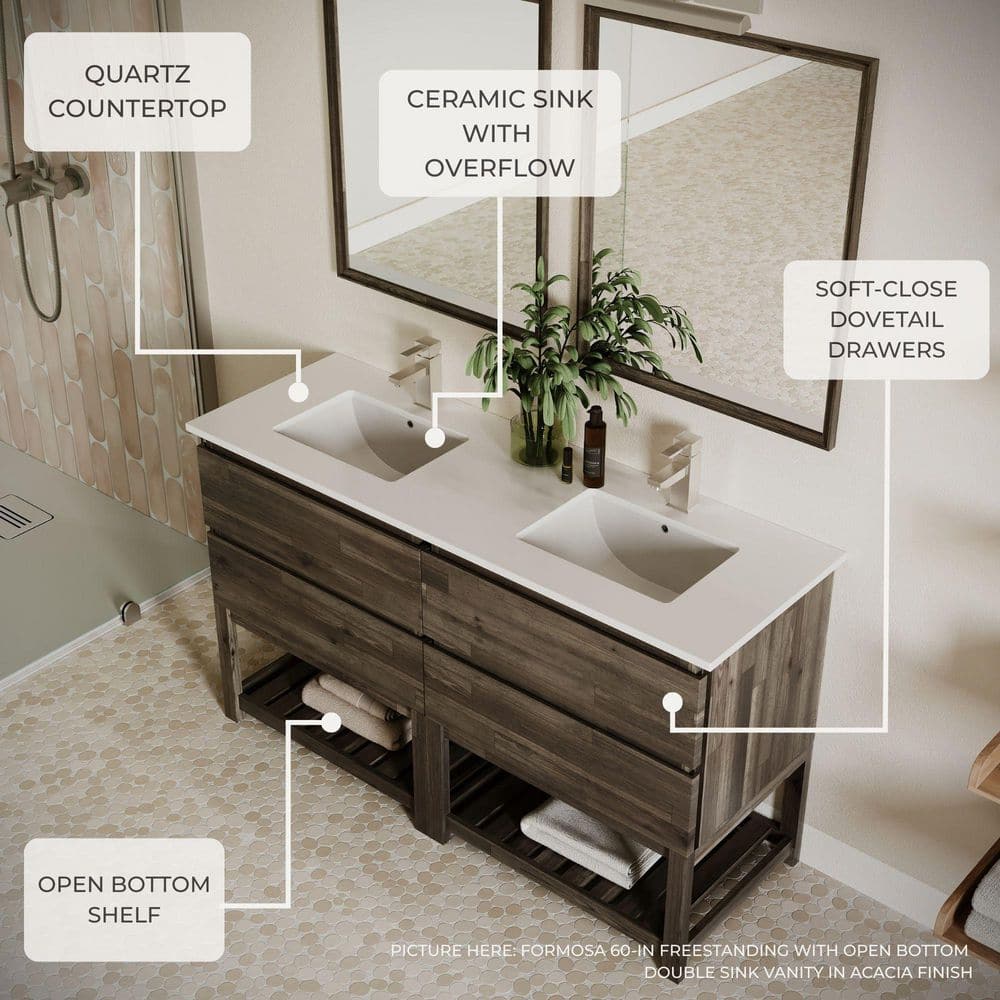 Elegant Acacia Wood 36" Vanity with Quartz Top and Open Shelf