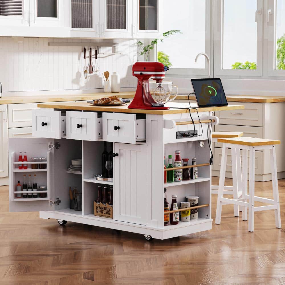 White Wood 53 in. Rolling Kitchen Island with Drop Leaf, Power Outlet, 5 Wheels, Drawers, 2 Bar Stools