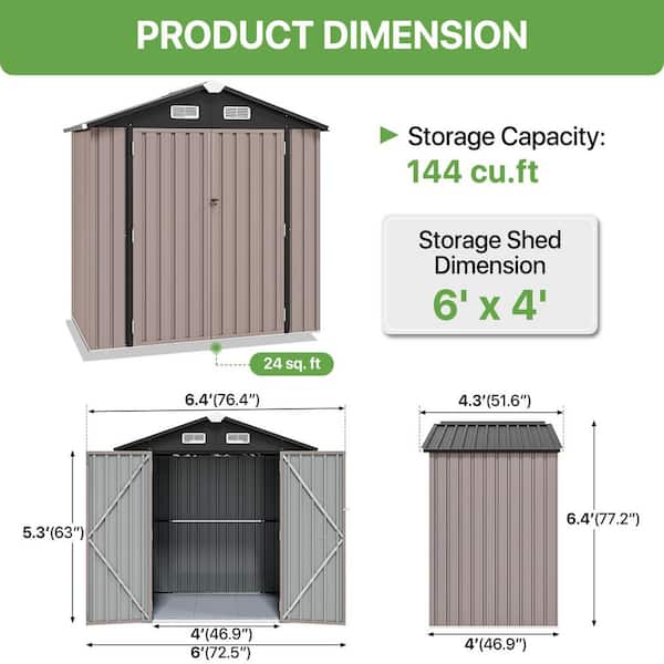 Sizzim 6 ft. W x 4 ft. D Brown Metal Shed with Lockable Door and
