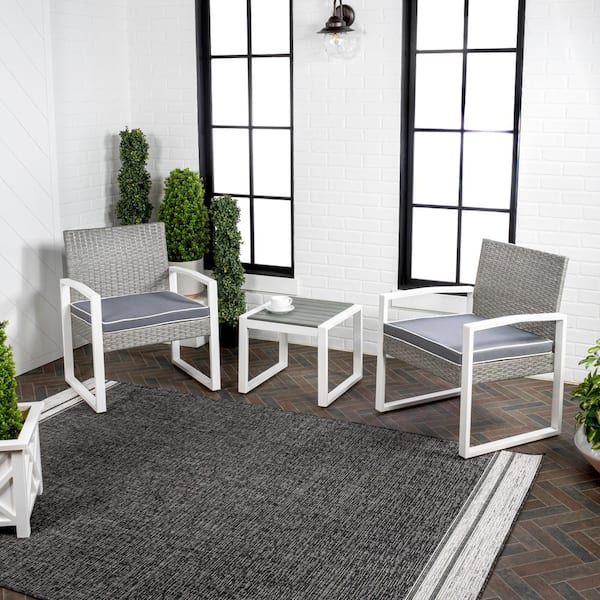 Selby 3-Piece Modern Coastal Faux Wicker Patio Conversation Outdoor Patio Set, White/Gray
