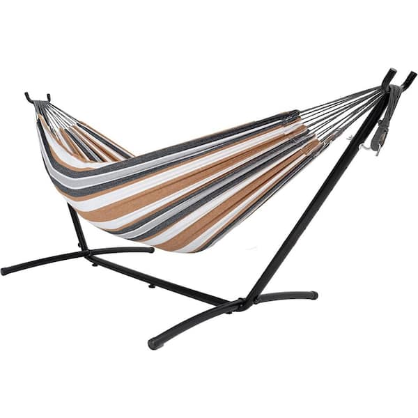 Unbranded 9 ft. 2-Person Hammock with Steel Stand Includes Portable Carrying Case, 450 lbs. Capacity ( Brown Stripes)