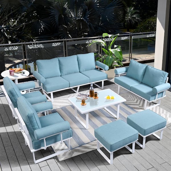 HOOOWOOO Havasu White 7-Piece Aluminum Outdoor Patio Conversation Sofa Set with Lake Blue Cushions