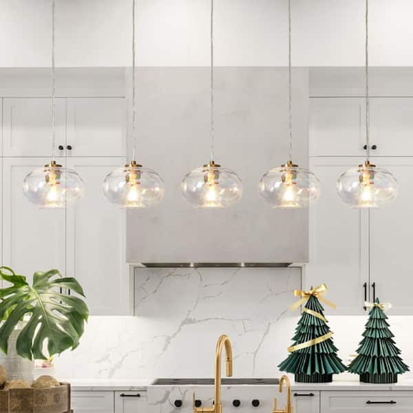 LNC Chrysa 52.4 in. W 5-Light Plated Brass Island Chandelier with Iridescent Glass Globes, Kitchen Dining Room Pendant Light