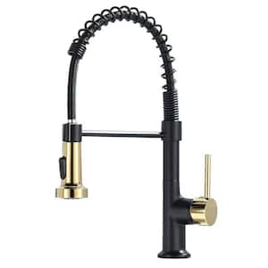 Single Handle Pull Down Sprayer Kitchen Faucet with Dual Function Sprayhead in Matte Black and Gold