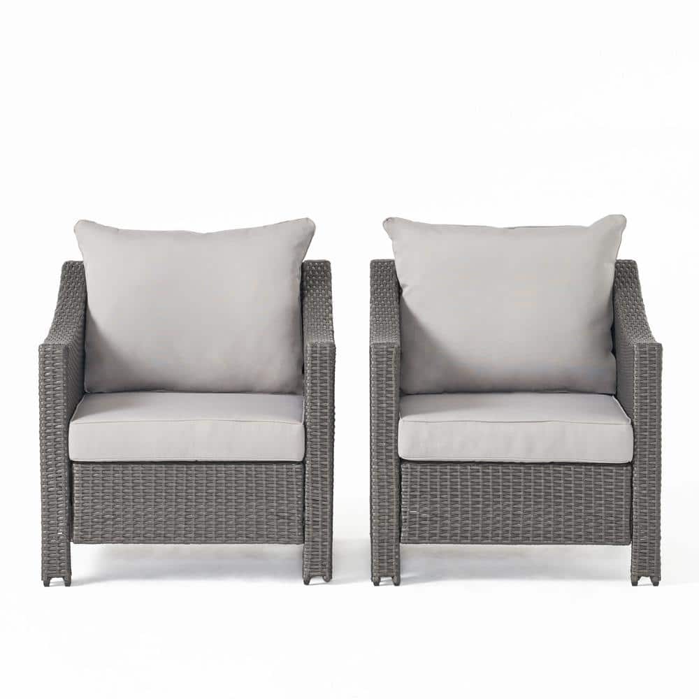 Grey PE Rattan Wicker Iron Outdoor Lounge Chairs with Silver Cushions, (Set