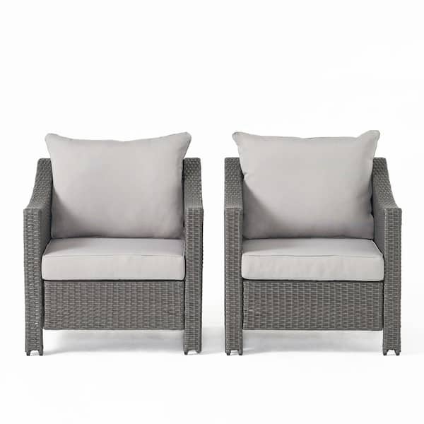 Unbranded Grey PE Rattan Wicker Iron Outdoor Lounge Chairs with Silver Cushions, (Set of 2)