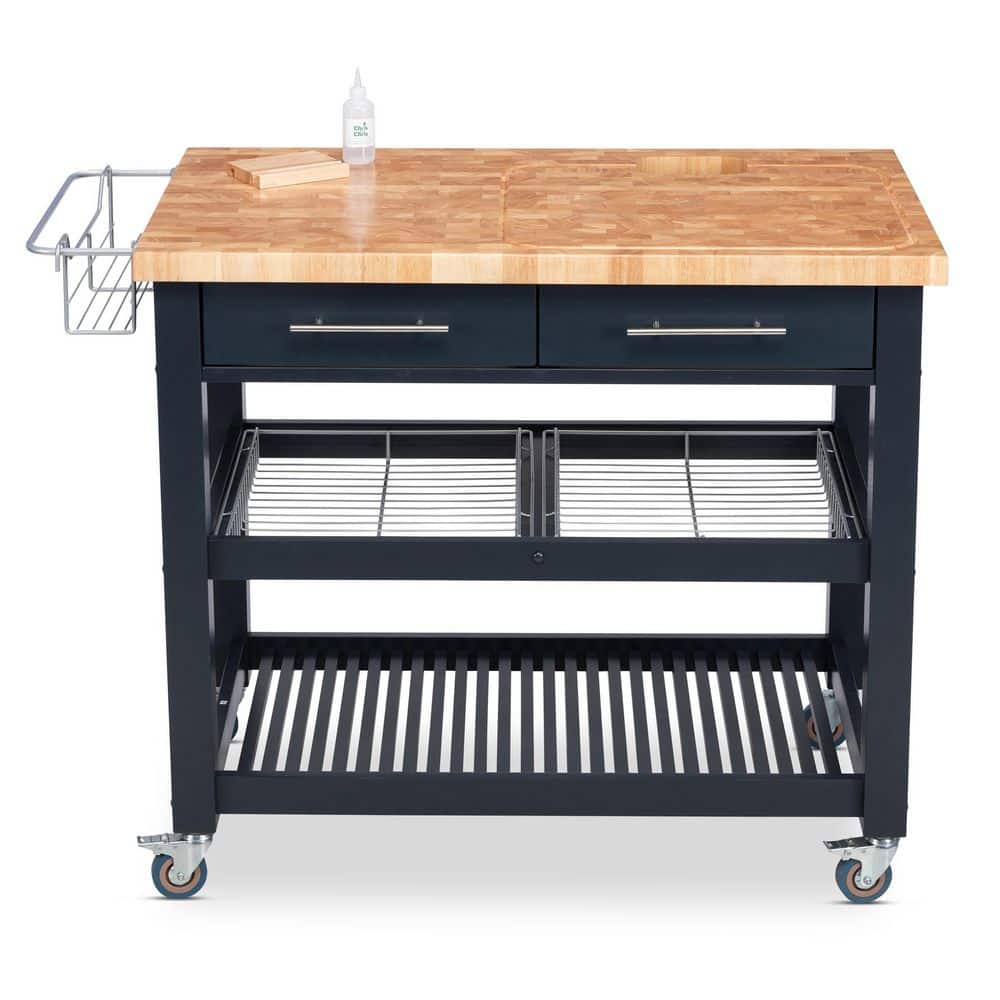 Midnight Navy Rubberwood Kitchen Cart with Butcher Block Top