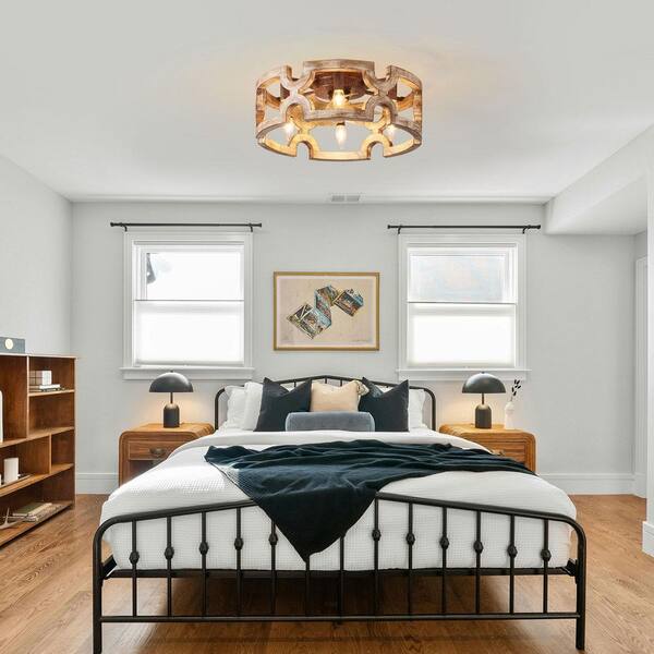 19 in. Bronze Oak Wood Indoor Flush Mount Ceiling Fan with Light and Remote Modern Farmhouse Cage Ceiling Light with Fan