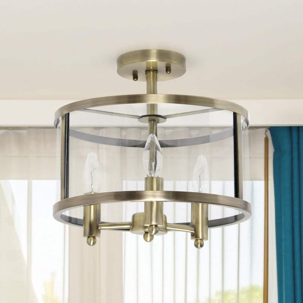 Antique Brass 3-Light Glass Drum Semi-Flush Mount