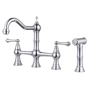 Classic Double Handle Bridge Kitchen Faucet with Side Sprayer in Polished Chrome