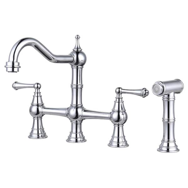 WOWOW Classic Double Handle Bridge Kitchen Faucet with Side Sprayer in Polished Chrome