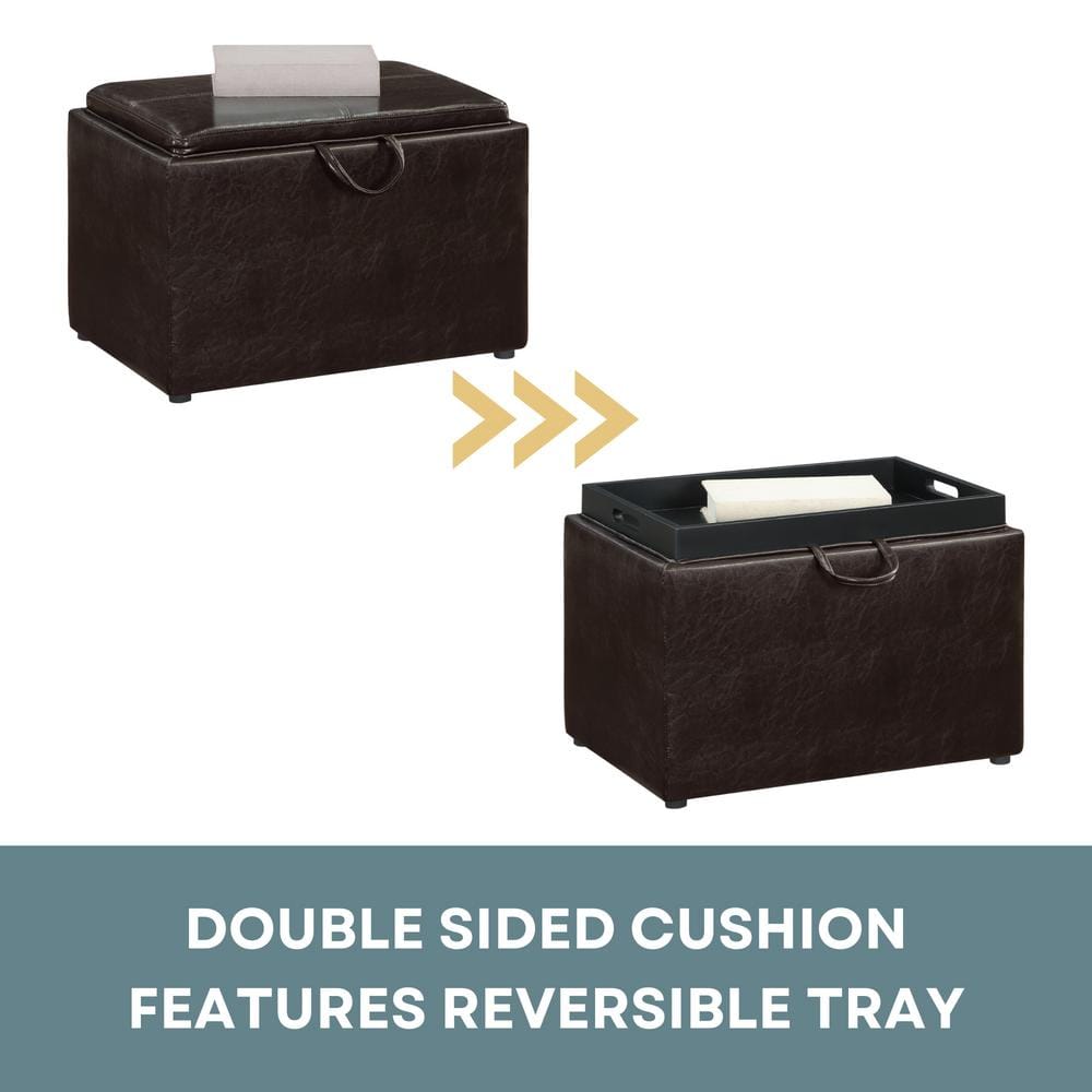 Espresso Faux Leather Versatile Storage Ottoman with Tray