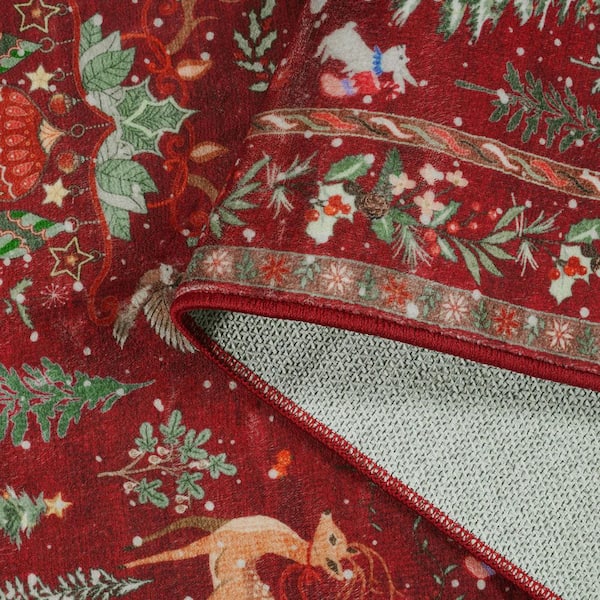 2 ft. x 10 ft. Red Holiday Woodland Washable Runner Rug
