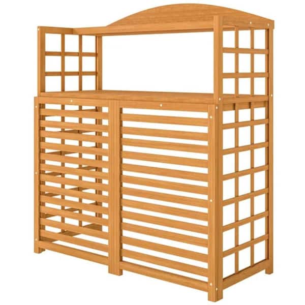 37.4 x 15.7 x 43.3 Light Brown Wood Air Conditioner Fence Cover with Open Storage Shelves for Garden Tools or Planters