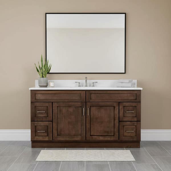 Seaton 61 in. Single Sink Kodiak Brown Freestanding Bath Vanity with White Ice Quartz Top Assembled