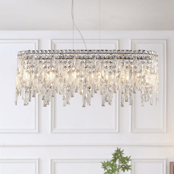 6-Light Silver Crystal Chandelier, Oval Pendant for Living Room